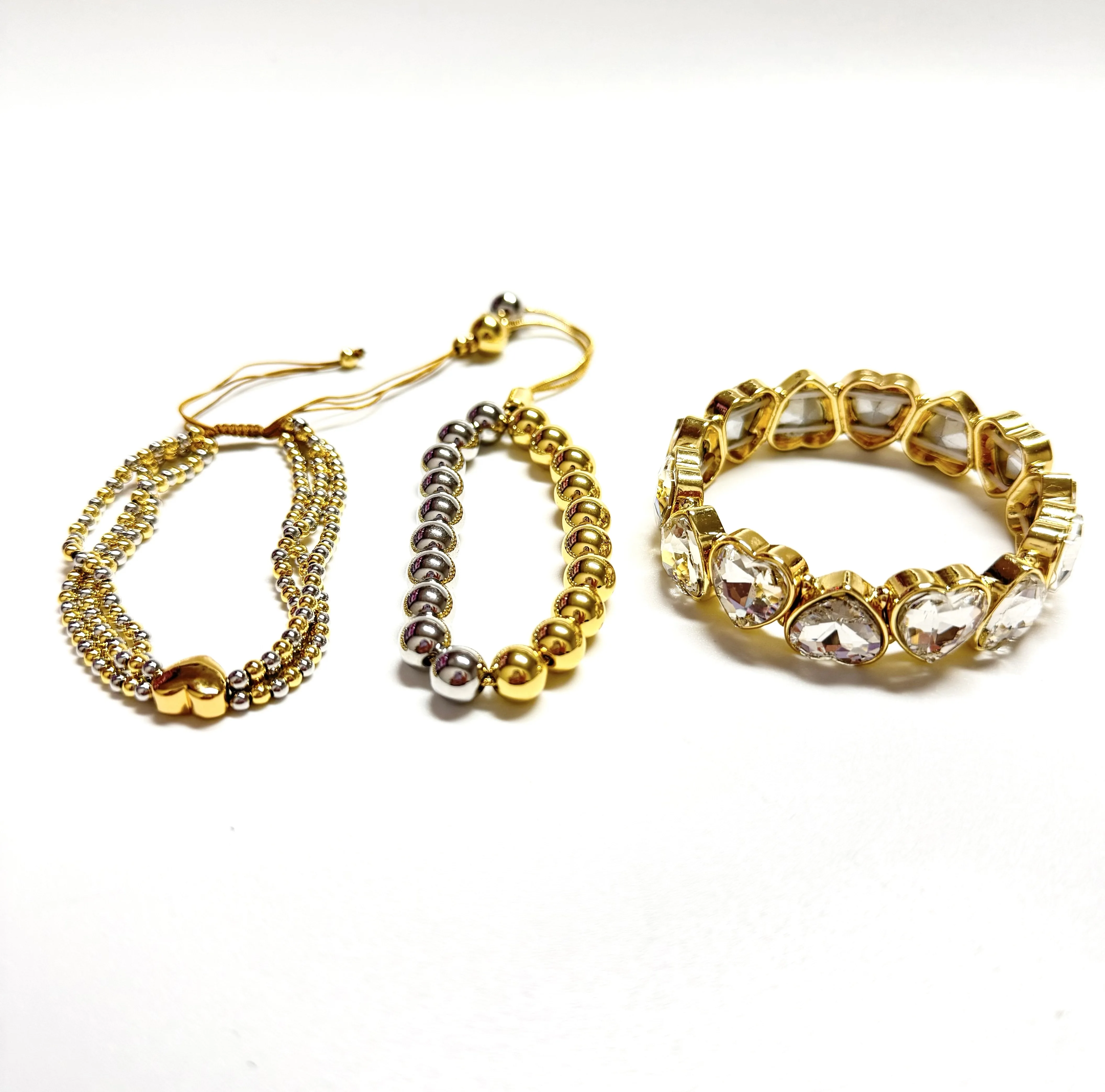 New Arrival Gold Silver Beads Bracelet Daily Wear Big Crystal Heart Adjusted Bracelet Women Fashion Jewelry Set Party Gift