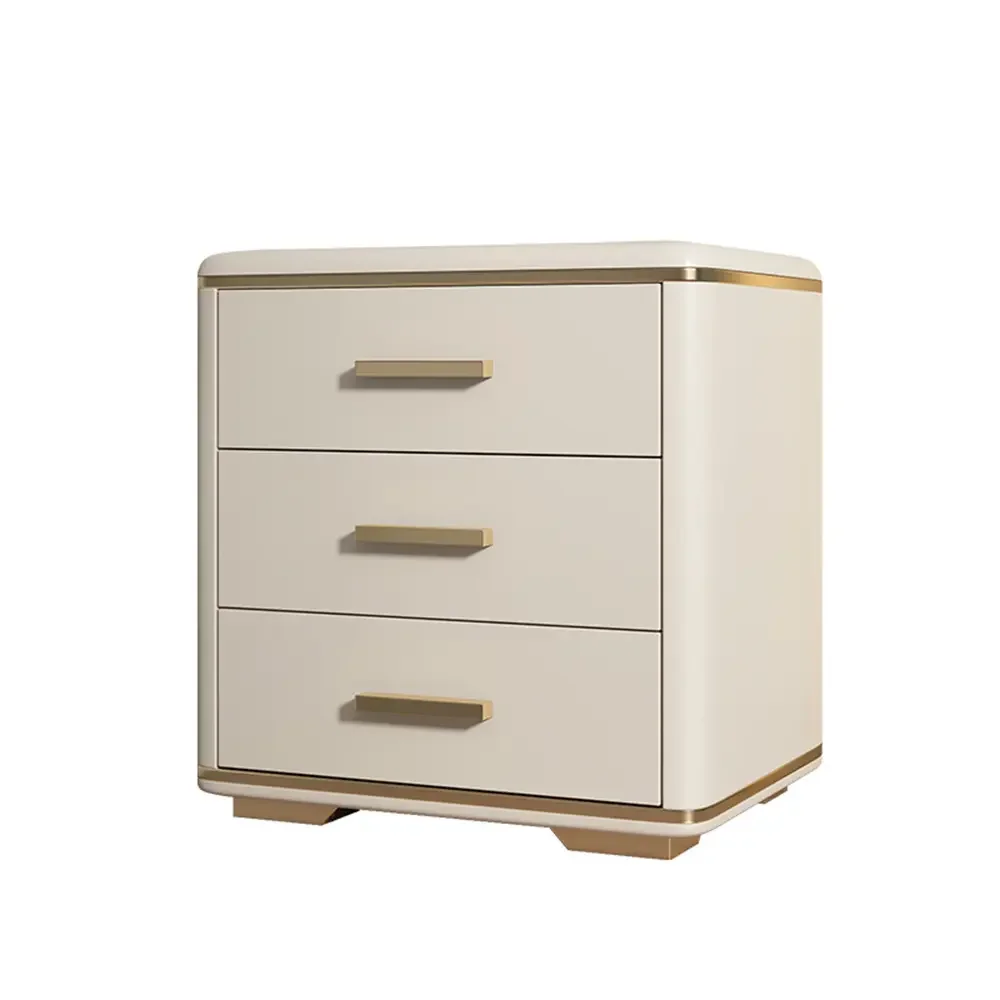 Luxury Nordic Bedroom furniture Nightstand White Gold Khaki cream color Solid Wood MDF 3 Drawers Bedside Tables
