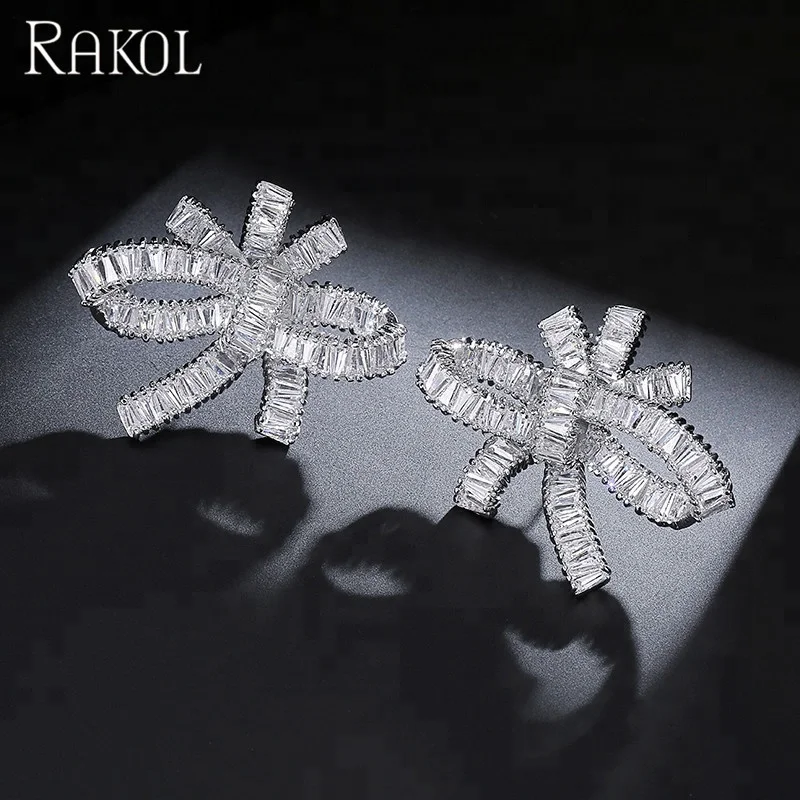 RAKOL EP366 2021 Fashion Rose Gold Full Zircon Crystal 3A Cubic Zirconia Bowknot Bridal Earrings