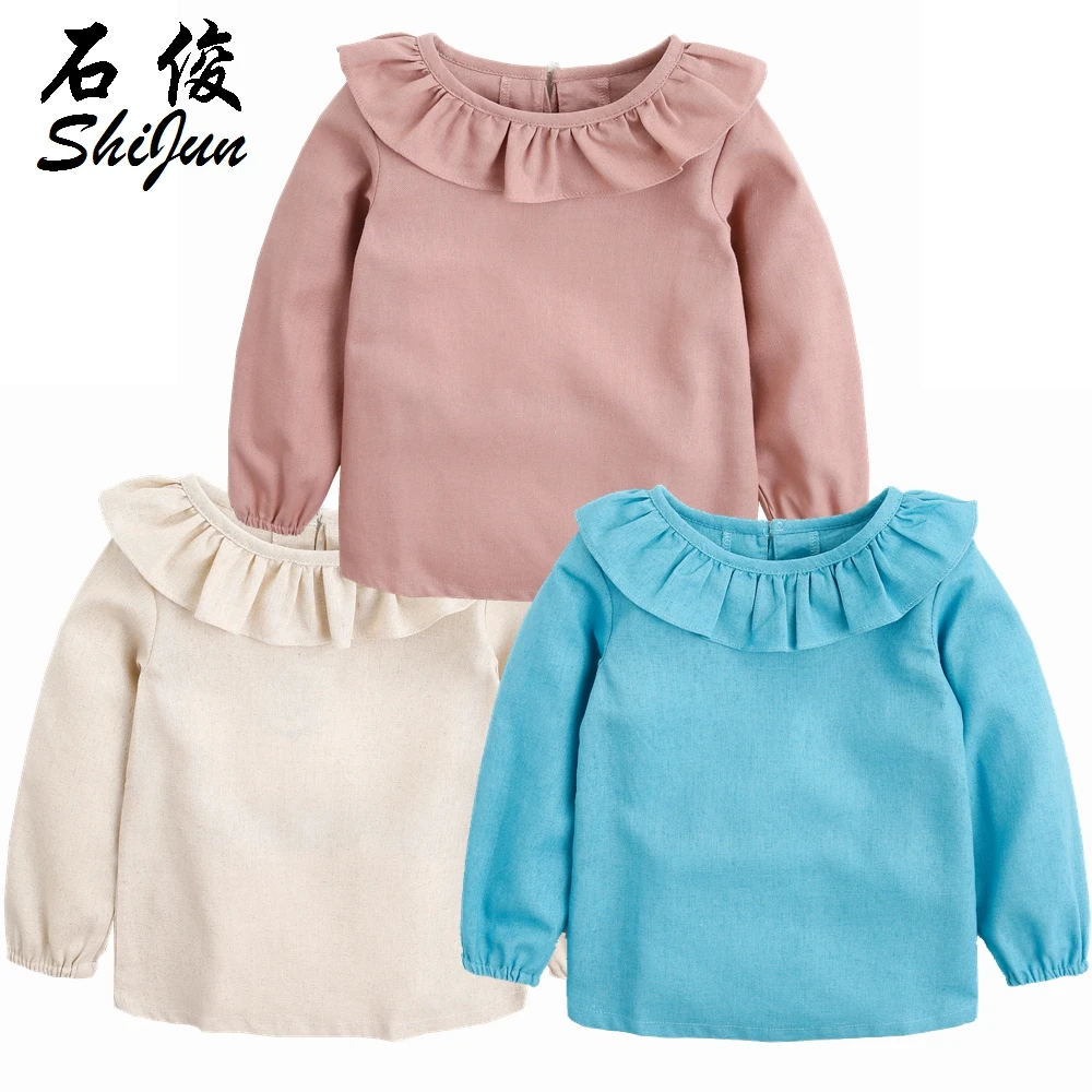 
Shijun OEM Linen Ruffle Collar Shirt Kids Clothing Baby Girl Shirt 