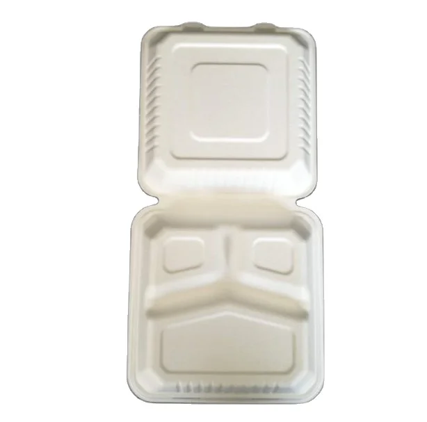 8 Inch To Go 3 Divider Food Packaging Container Square Compostable Clamshell Takeaway Disposable Paper Lunch Box with Hinged Lid