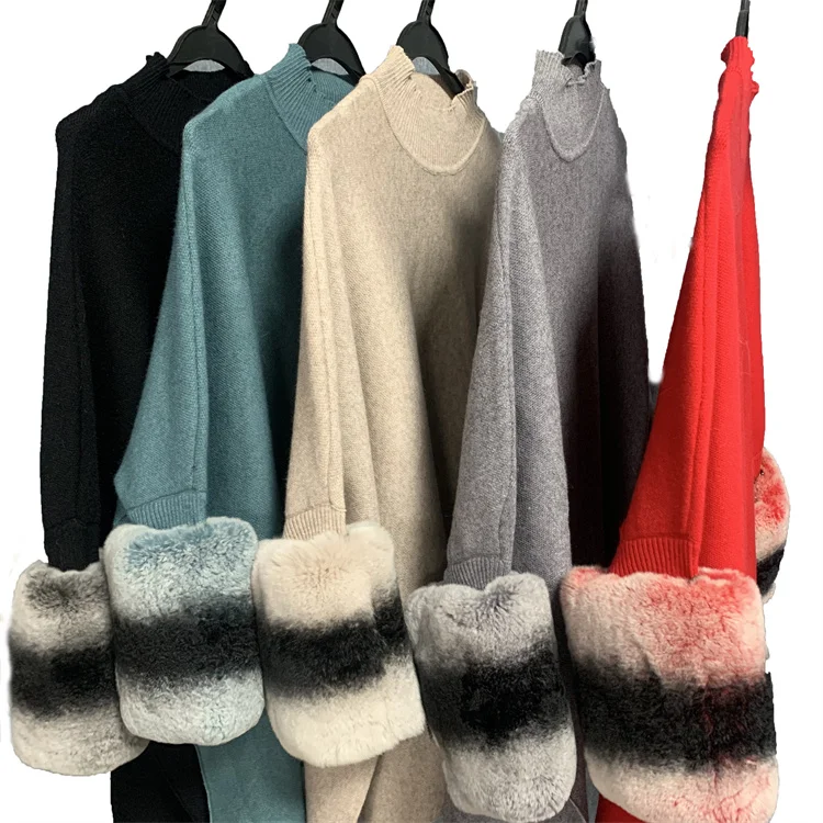 Classic Black Red Styled Knitted Pullover Wool Blending Batwing Sleeve  Chinchilla  Rabbit Fur Cuff Ladies Oversized Sweater