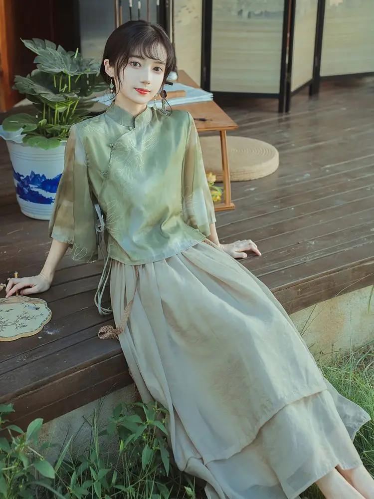 2024 Hanfu винтажный комплект из 2 предметов сценическая одежда обновленные старинные костюмы для выступлений с воротником-стойкой платье принтом чернил