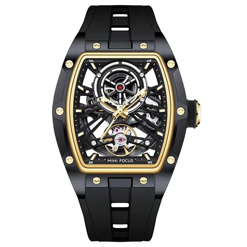 MINI FOCUS Fashion Tourbillon Skeleton Automatic Mechanical Watch for Men Luminous Silicone Strap Sports Waterproof Watches 2024