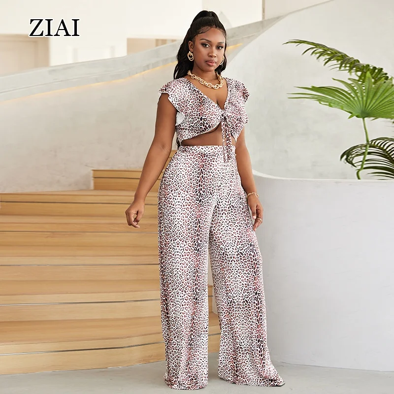 Large size two-piece leopard print European and American wrap-chest wide-leg pants suit