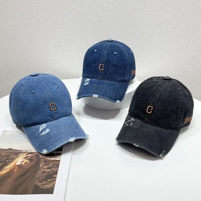 Custom Embroidered Washed Denim Jean Distressed Made Worn Out Baseball Cap Hat