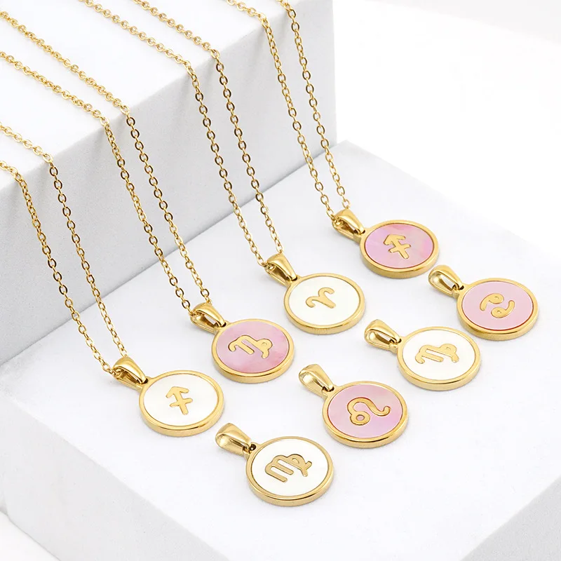 18K Gold Plated Stainless Steel 12 Horoscope Sign Coin Pendant Fashion Round Zodiac Necklace Jewelry For Couple