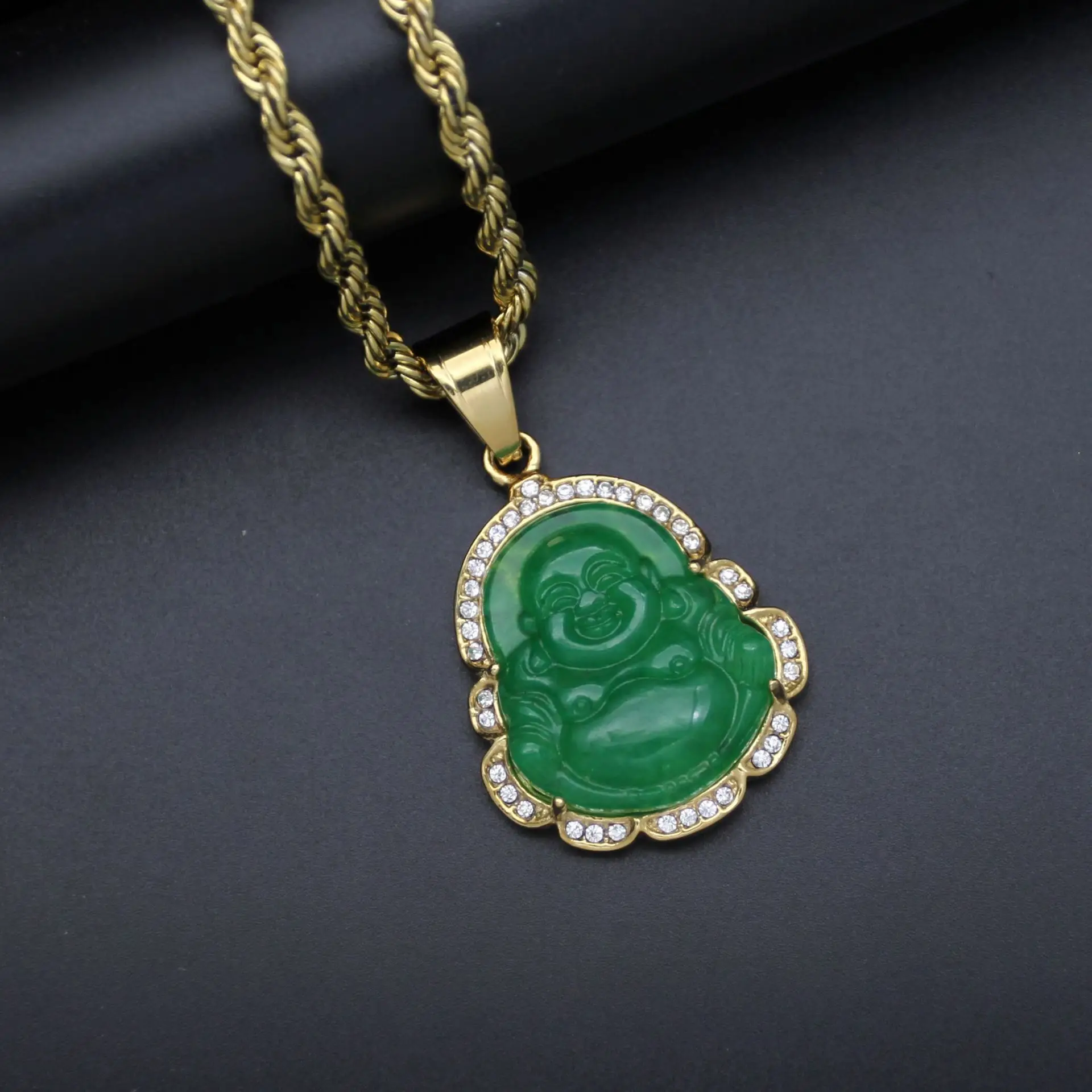 Coloful Diamond Paved Stainless Steel Buddha Pendant Necklace Natural Jade Religious Maitreya Pendant Buddha Necklace