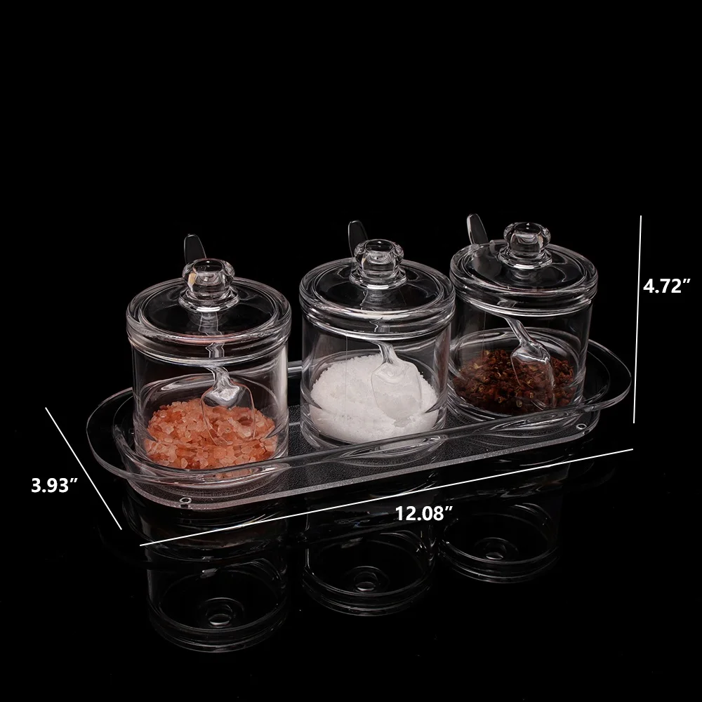 3-piece Set Seasoning Box, Clear Acrylic Spice Pots Storage Container Jars With Spoons and tray