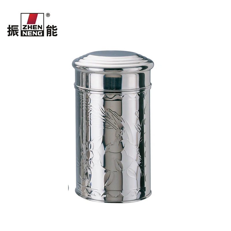 400g Straight cylinder type stainless steel tea caddy with classical pattern tea jar coffee metal canister with lid