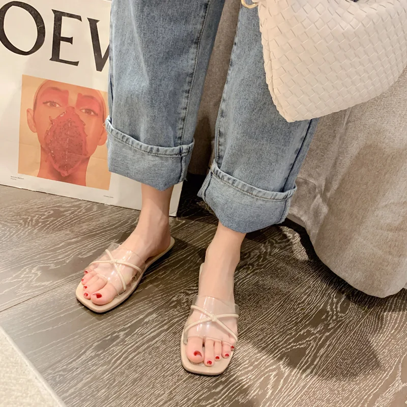 Ladies Fancy Slippers Transparent ABS Jelly Shoes Flat Slides Slippers for Female