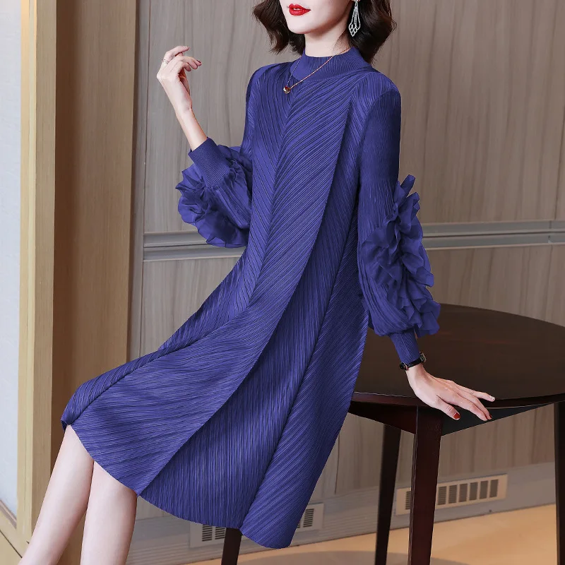 2022 New High Street Pleated Solid Color Spring Summer Party Wedding Women Dress