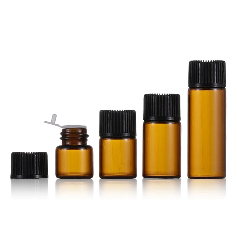 1/2/3/5ml Mini Bottle Empty Glass Plastic Amber Essential Oil Bottle with Orifice Reducer Brown Vials