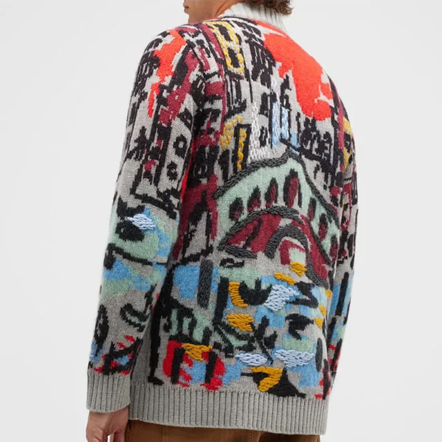 Custom Garment Men Sweater Thick Knit Jacquard Color Knitting Cardigan