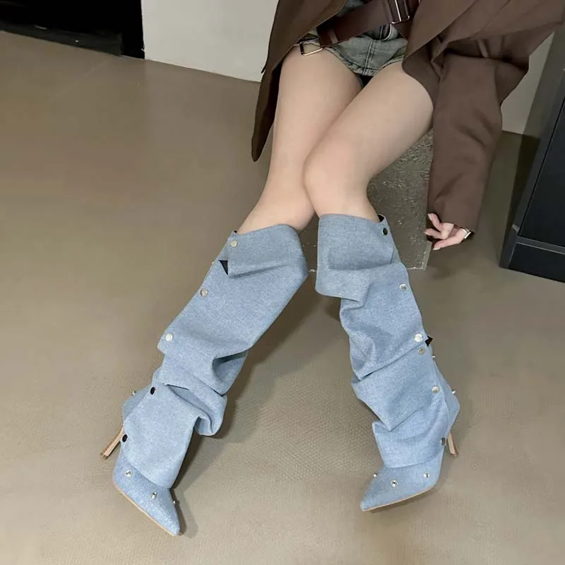 Willow nail buckle stitching two-wear high heel Denim pleated pile boots female personality hot girl fashion boots