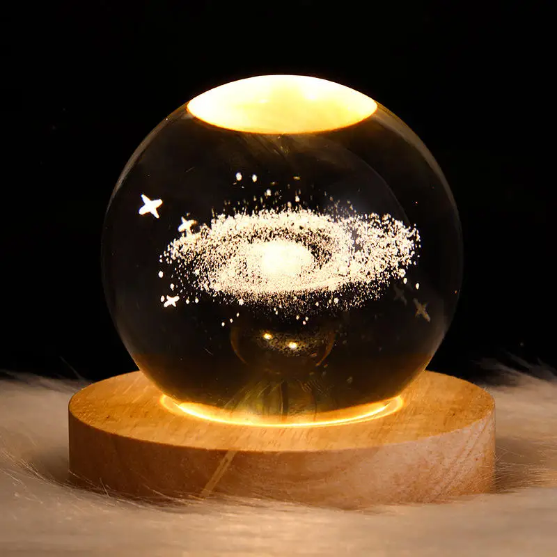 Custom Decor Ornaments Moon Planet Solar System Astronaut 3d Art Galaxy Lamp Led Glowing Crystal Ball Night Light With Wood Base