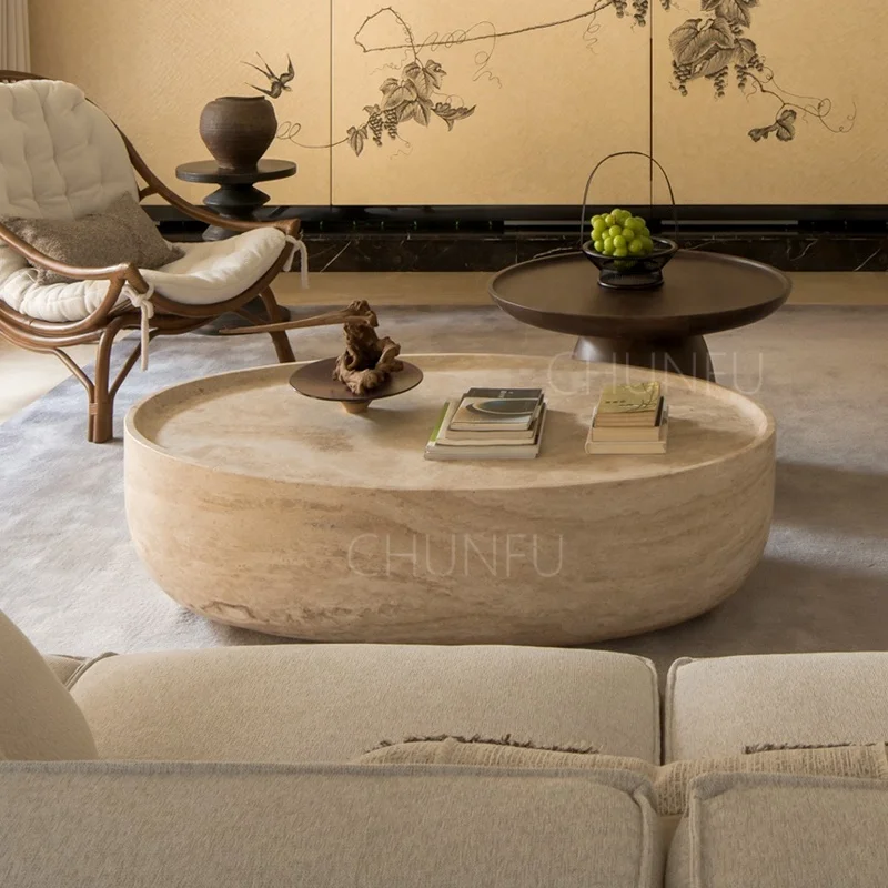 Nordic style modern minimalist home furniture round table creative living room marble beige stone travertine coffee table