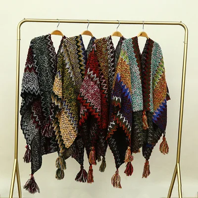 Женская шаль, накидка, зимний плотный и элегантный свитер, шали, вязаный Повседневный модный шарф-накидка с кисточками