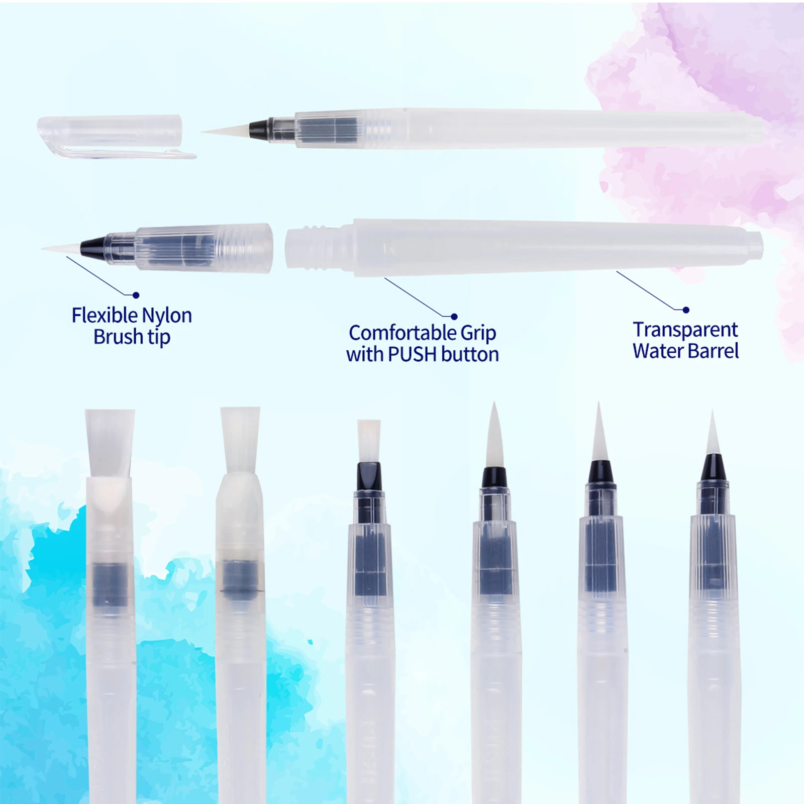 Eval 6Pcs Large Capacity Refillable Water Paint Brush Set Different Shape Soft Calligraphy Brush Drawing Pen Art Supplies