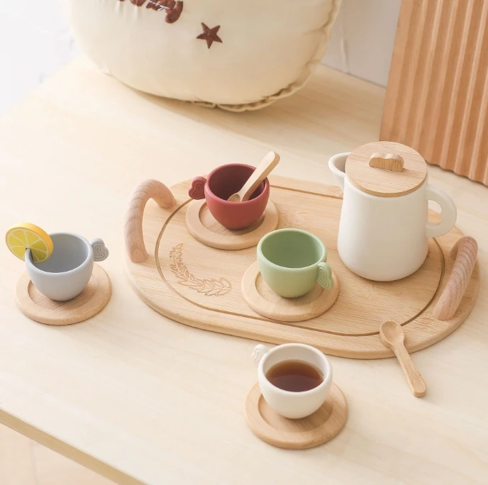 New Arrival Factory Baby Wooden Afternoon Tea Set Dessert Kitchen Toy Educational Pretend Play Toys For Kids