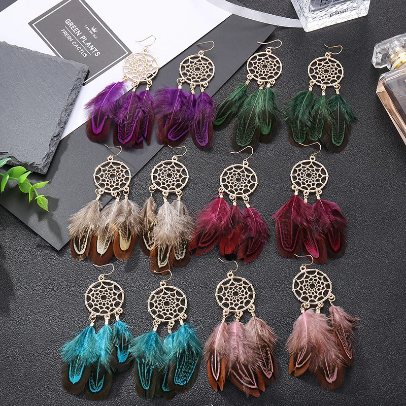 Wholesale Bohemian Women Earrings Vintage Long Tassel Feather Dream Catcher Earrings