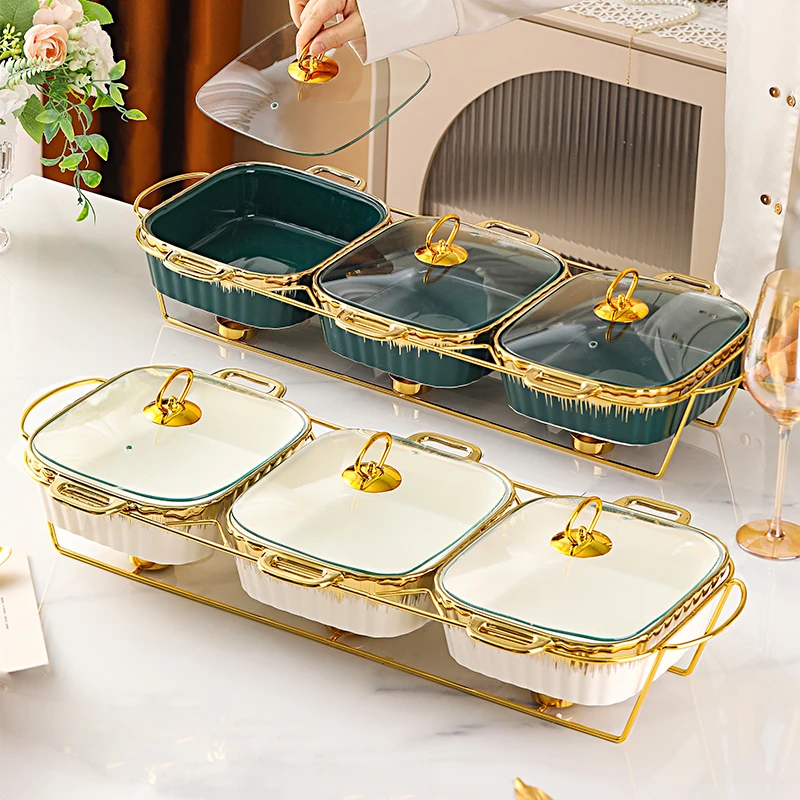 Wholesale 2024 new High Quality Ceramic Chafing Dish Casseroles Hot Pot Food Warmer Sets Of 3 Porcelain