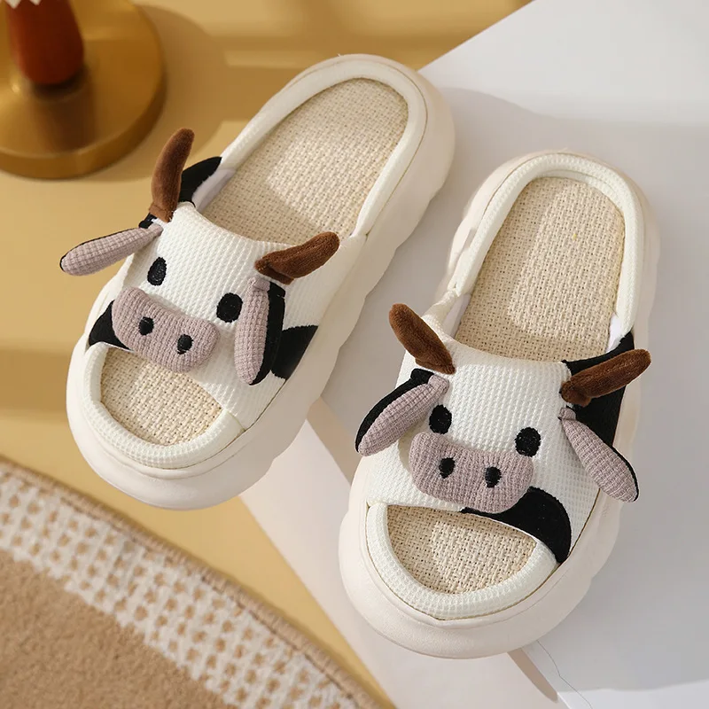 Cute Frog & Rabbit Indoor Linen Slipper Warm Winter Cotton Non-Slip Home Shoes for Women TPR Outsole
