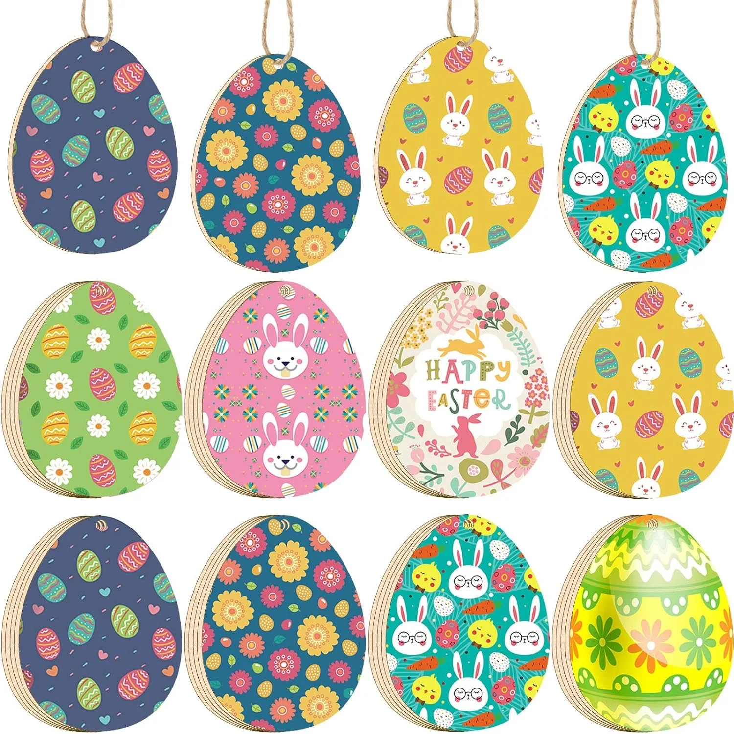 24 Wooden Sliced Easter Eggs Egg Shape Wooden Hanging Chip Wooden Egg Tag With String for Happy Easter Home Decoration