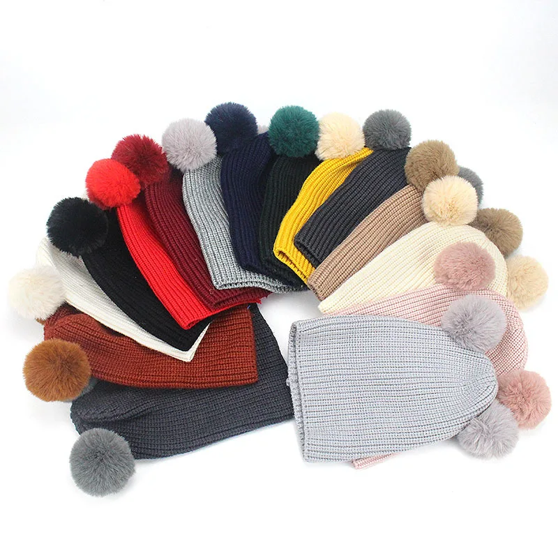 
Black Winter Hat Pom Baby Fake Fur Ball Knitted Beanie For Children Hat With 2 Pom Poms 