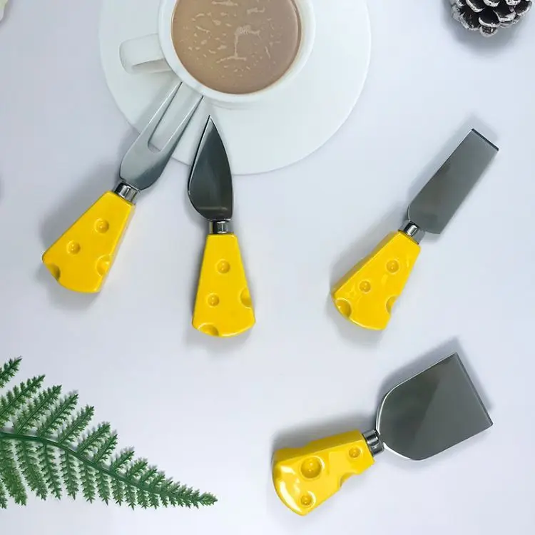 4 Pieces Ceramic Handle Cheese Knives Kitchen Gadgets Butter Knife Tool Stainless Steel Cheese Knife and Fork Set
