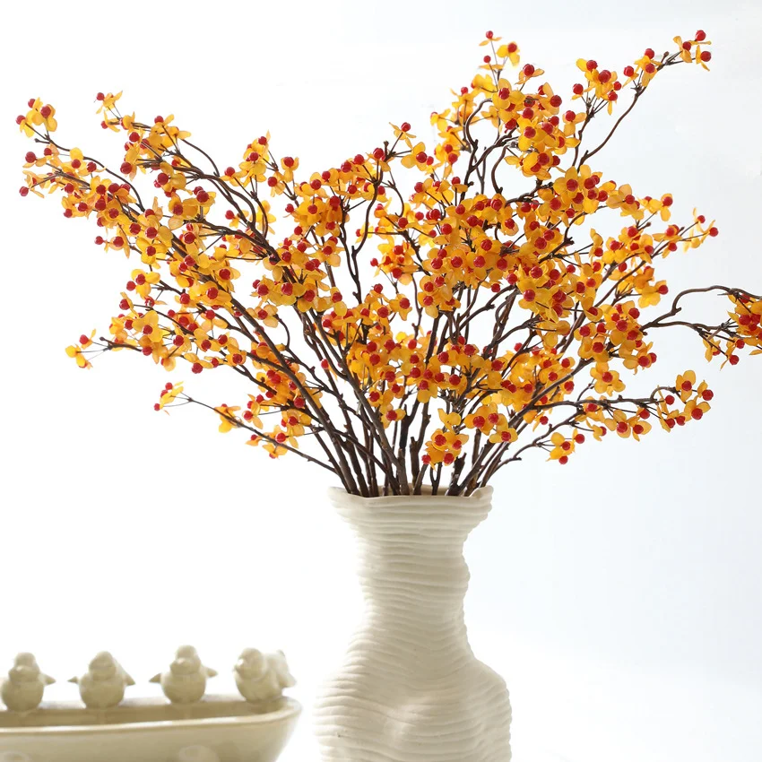 CAWELL 2024 New Arrival Long Stem Red Green Orange Color Berries With Leaves Artificial Berry Fruit Home Flower Arrangement