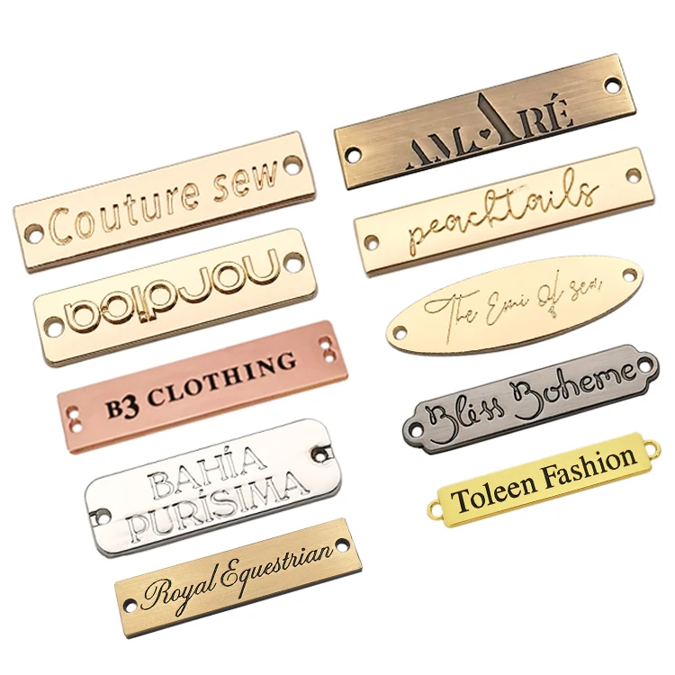 2024 Custom 2 Holes Engraved Metal Plate Logo Sewing Zinc Alloy Brand Garment Label Metal Tags With Custom Logo for Clothing