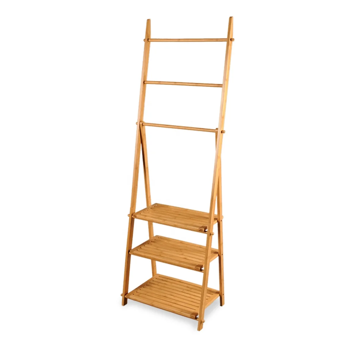 Modern Bamboo Ladder Shelf Small Clothes and Towel Rack with 3 Shelves 3 Rails 4 Side Hooks for Bathroom Use