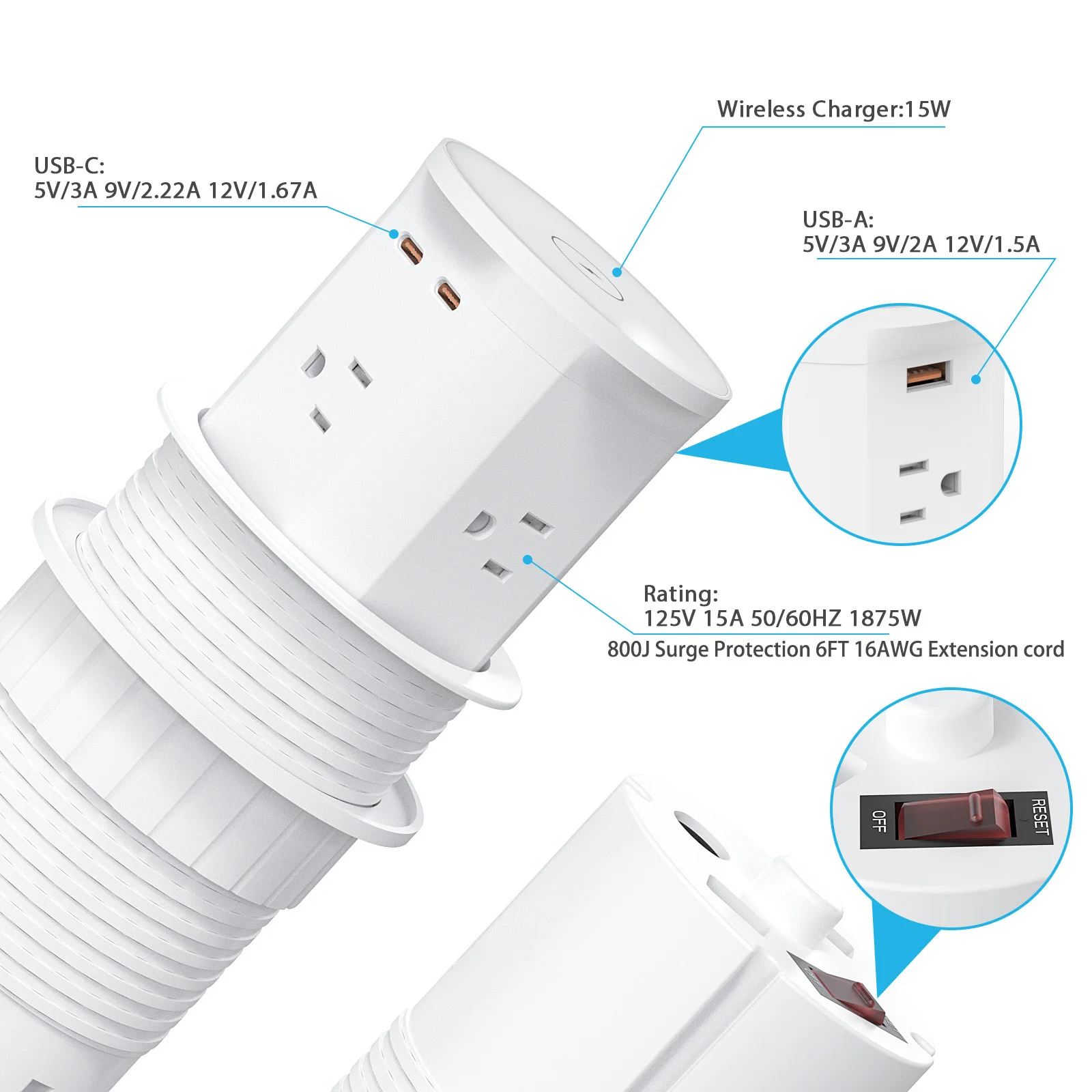 85mm Recessed Pneumatic Lift Pop Up Socket Retractable 4 AC Power Pop-Up Desktop Outlet Socket with 15W Wireless Charger