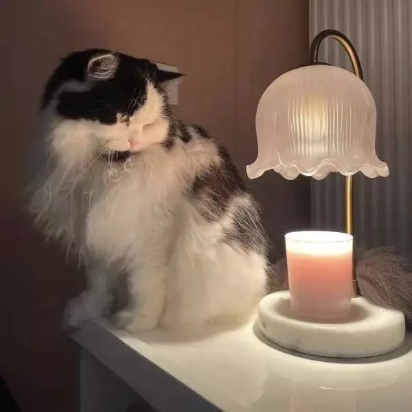 Hot Selling 2024 Us/eu Plug No Fire Tulip Glass Candle Melting Lamp Electric Candle Warmer With Marble Base Table Lamp