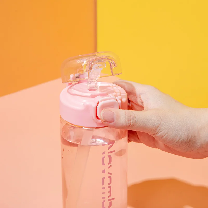 One Touch Switch Cute Plastic Cup Water Bottle with Straw Fitness Drinking Bottle