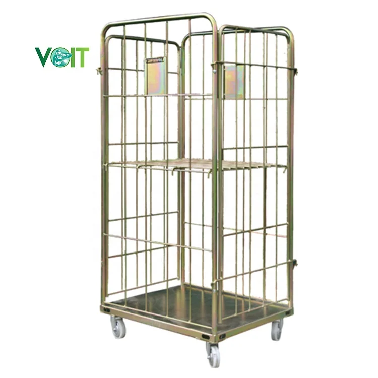 VOIT Industrial hotel galvanized wire mesh collapsible folding metal rolling laundry trolley