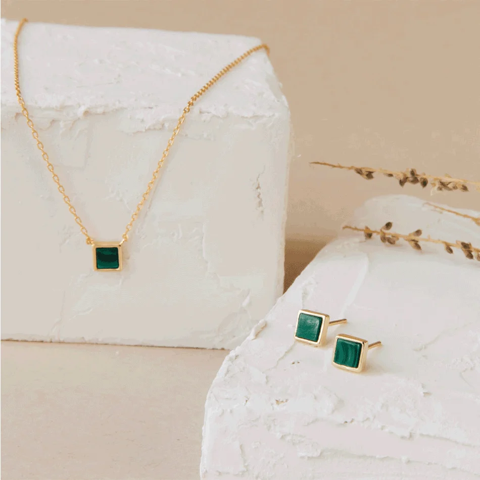 mother jewelry 925 Sterling Silver green natural stone necklace 18K gold Plated Stone Square malachite necklace