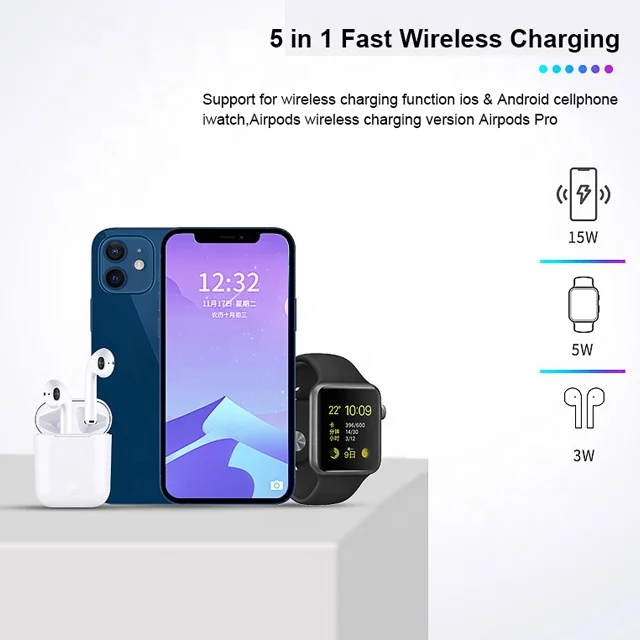 2021 New 15W qi wireless charger sleep lamp 5 in 1 fast charging station for iphone12 iwatch