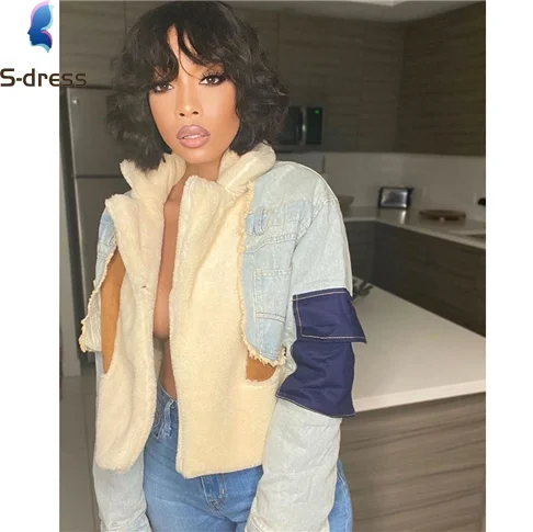 2021 Women Denim Padded Jacket Warm Winter Lamb Fur Suede Jacket Wool Coat Thickened Denim Casual Women Top Windbreaker Jacket