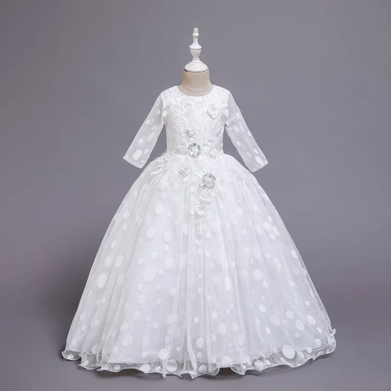 Fashion Girls Party Dress Lace Long Sleeves Breathable Wedding Flower Girls Dress Evening Pageant Tutu Princess Dresses