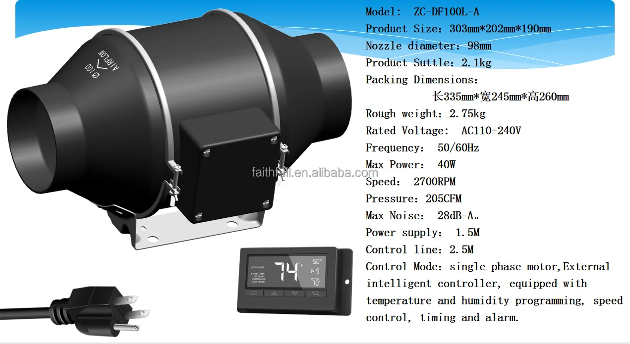 Quiet 4 inch Inline Duct Fan with Temperature Humidity Controller - Ventilation Exhaust Fan for Grow Tents Hydroponics