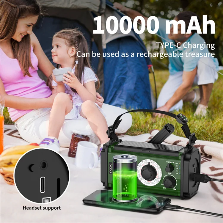 AM/FM Radio with SOS Alarm 10000mAh Crank Flashlight Hand Emergency Self-Powered Charged Surviv Kit