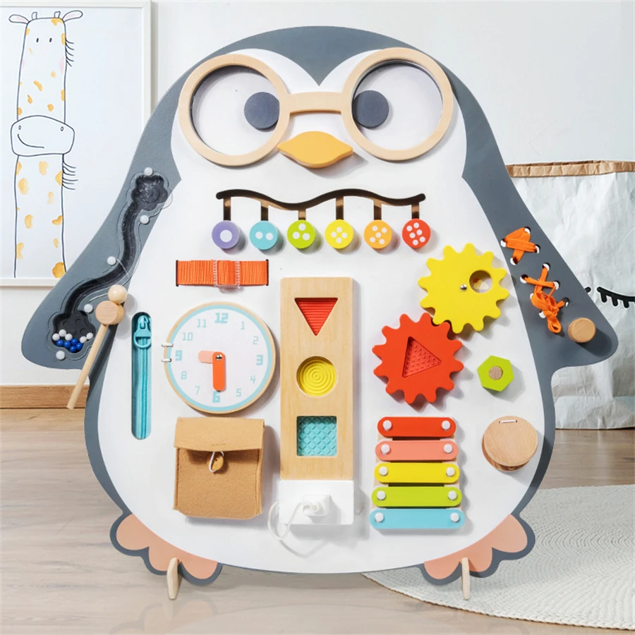 2312 Wooden Penguin Double Sided Busy Board Wooden Kids Educational Toys