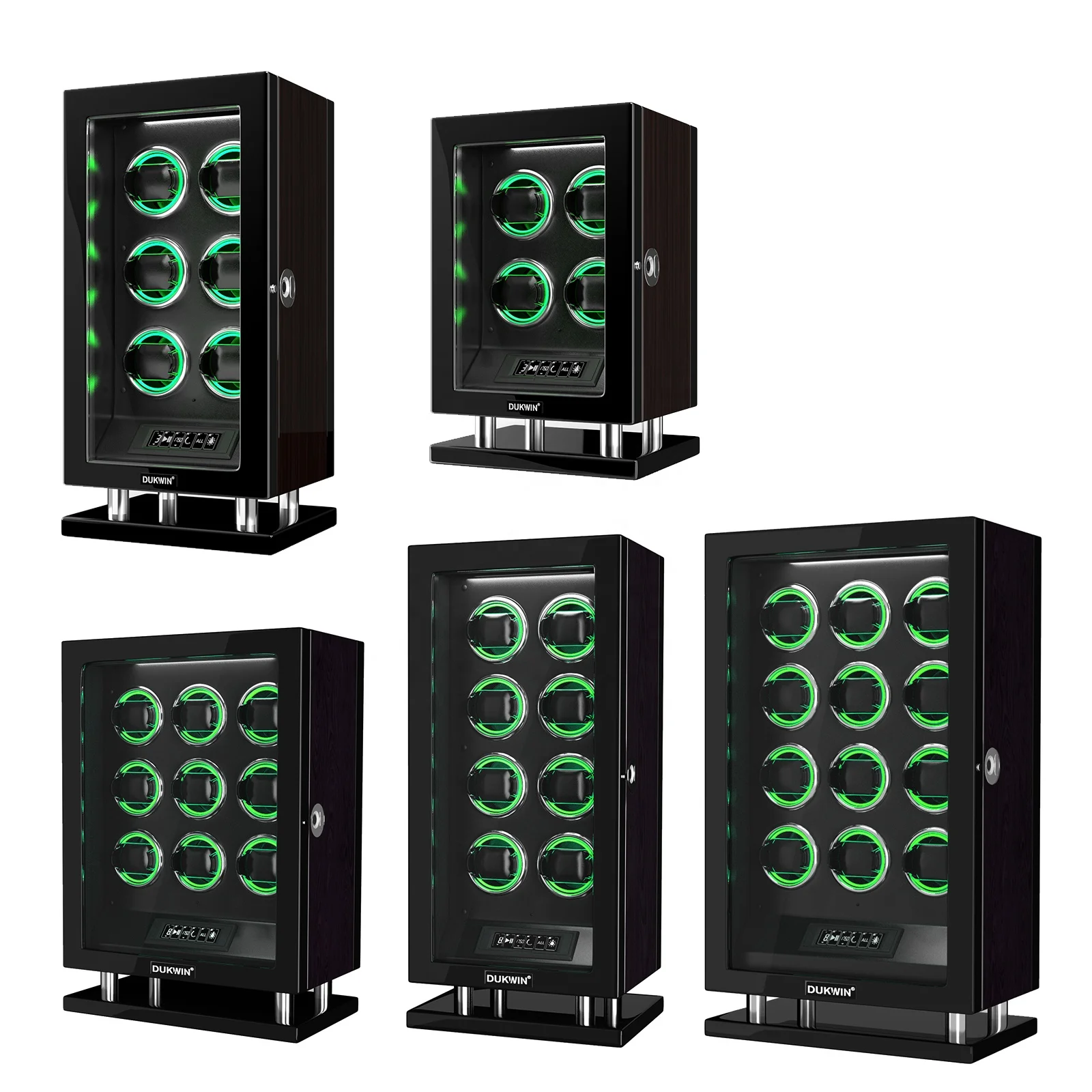 Dukwin Wooden Smart LCD Remote Control 4 6 8 9 12 Slots All Black Automatic Box Watch Winder Vault with Fingerprint lock Light