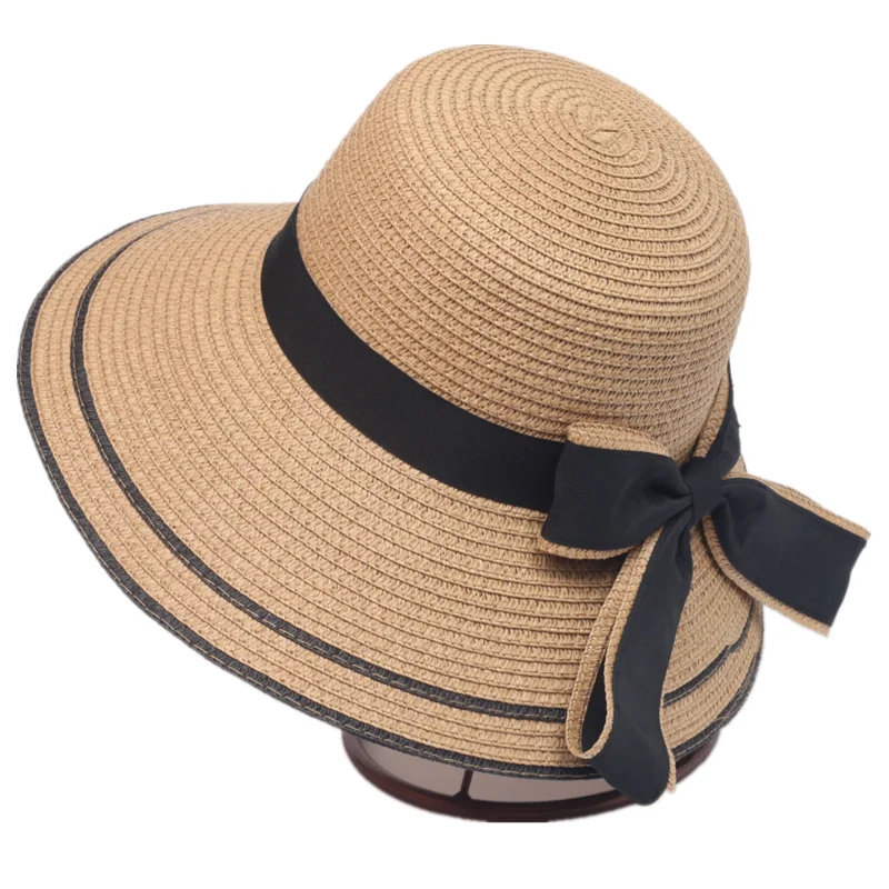 
Wholesale and cheap Dome flat big brim black bow bowknot straw hat Summer seabeach Hats For Women 