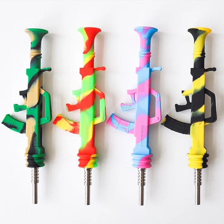 Gun shape AK47 smoking pipe Wax oil Silicone Nectar Collector with14mm Stainless Steel