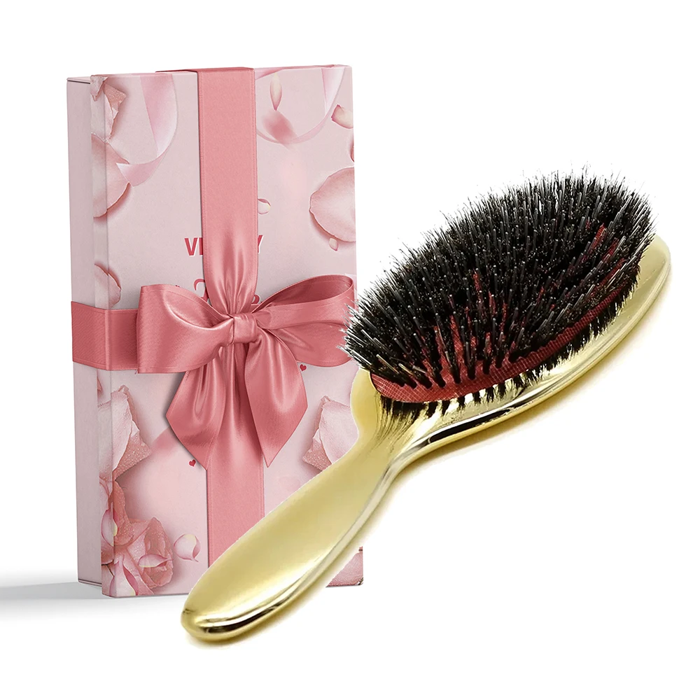 Luxury Gold Nylon Beauty Care Hairbrush Boar Bristle Paddle Hair Brush Gift Box Anti Static Hair Scalp Massage Comb Set