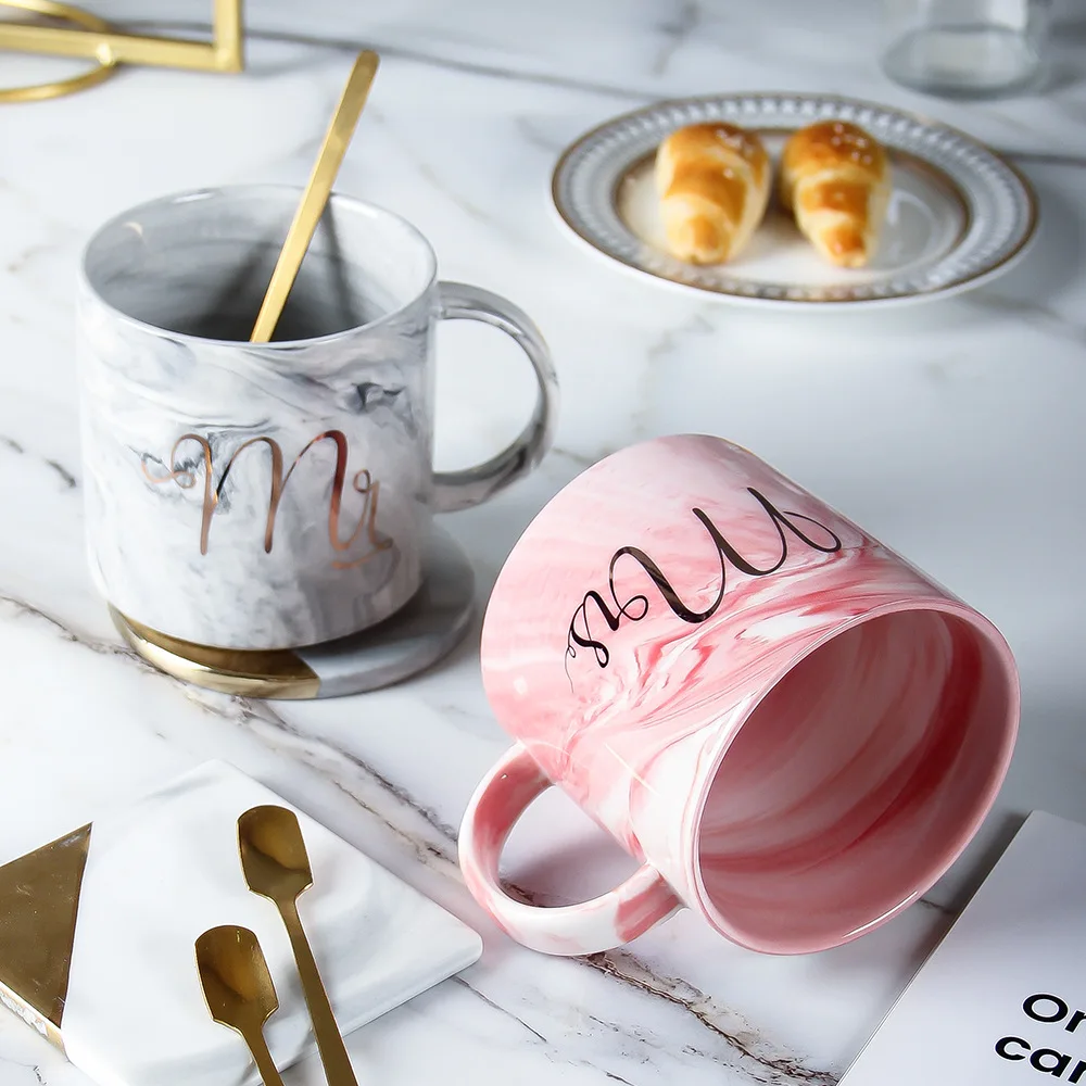 Large Nordic INS Marble Ceramic Mug with Vintage Spoon Customizable Magic Wedding Advertising-Wholesale Promotional Bottle cup