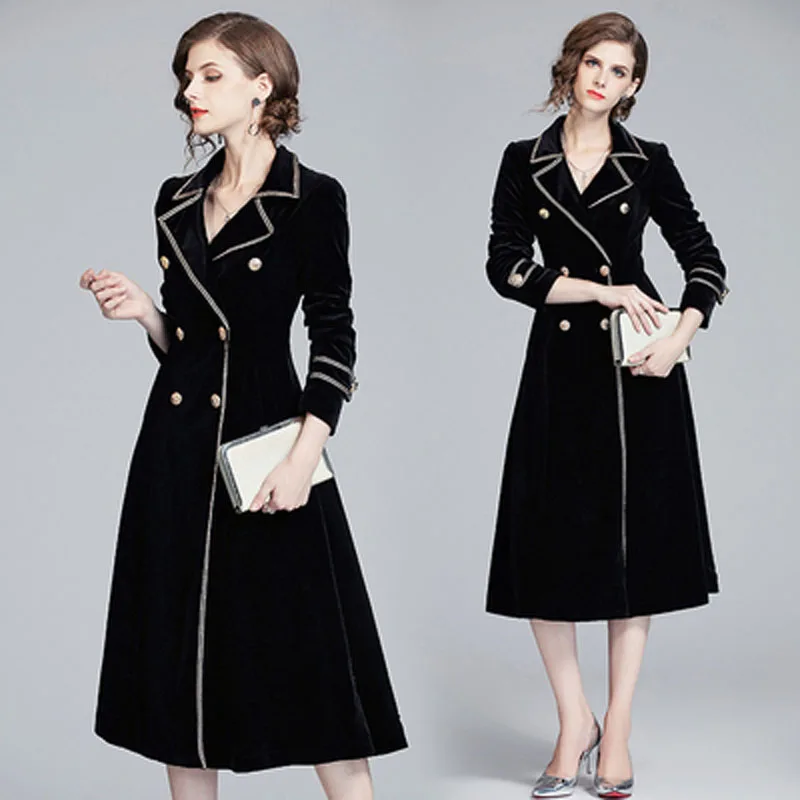 TA3900120 2019 new temperament ladies waist double breasted trench coat mid-length over-the-knee velvet jacket